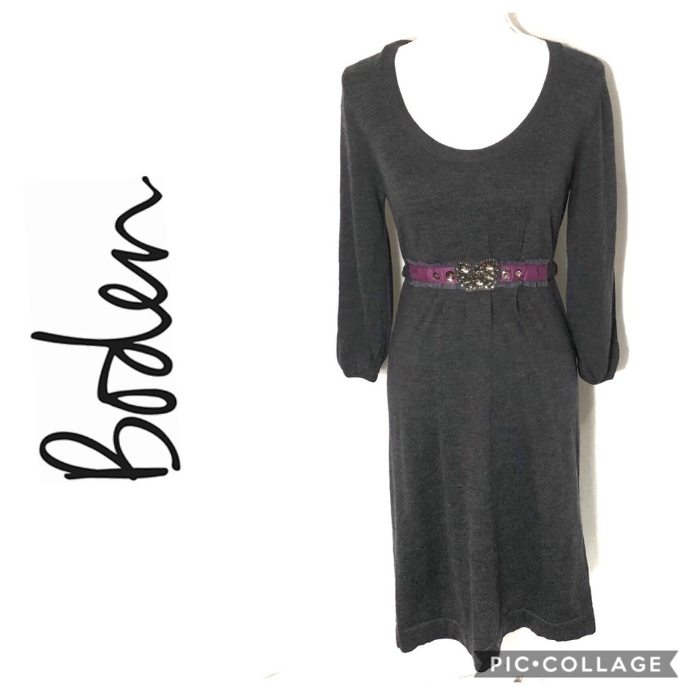 Boden Wool Sheath Dress Sz 6 Gray Purple Sash